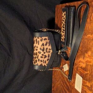 Audrey Brooke Genuine Leather Leopard Crossbody Bag Matching Wallet Black Brown